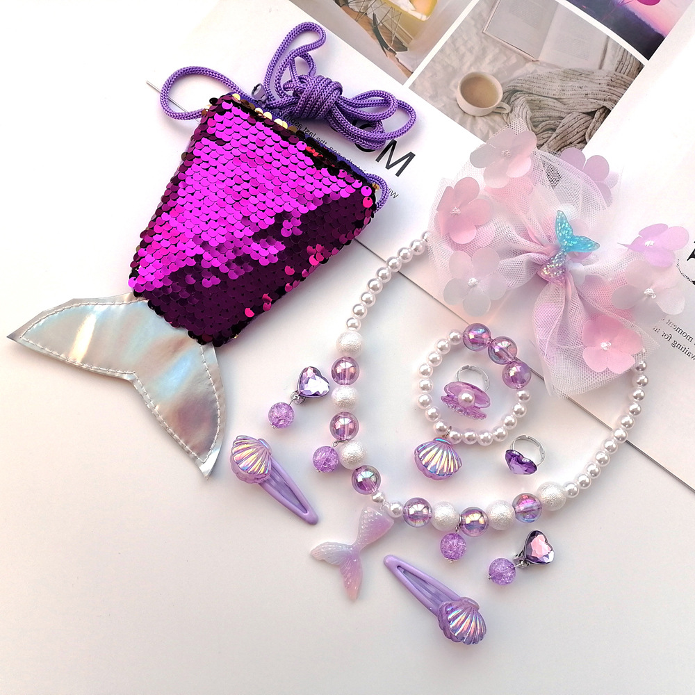 Cross-Border Fishtail Children's Necklace Set Princess Hair Accessories Gift Box Dance Class Performance European and American Girl Jewelry Wholesale