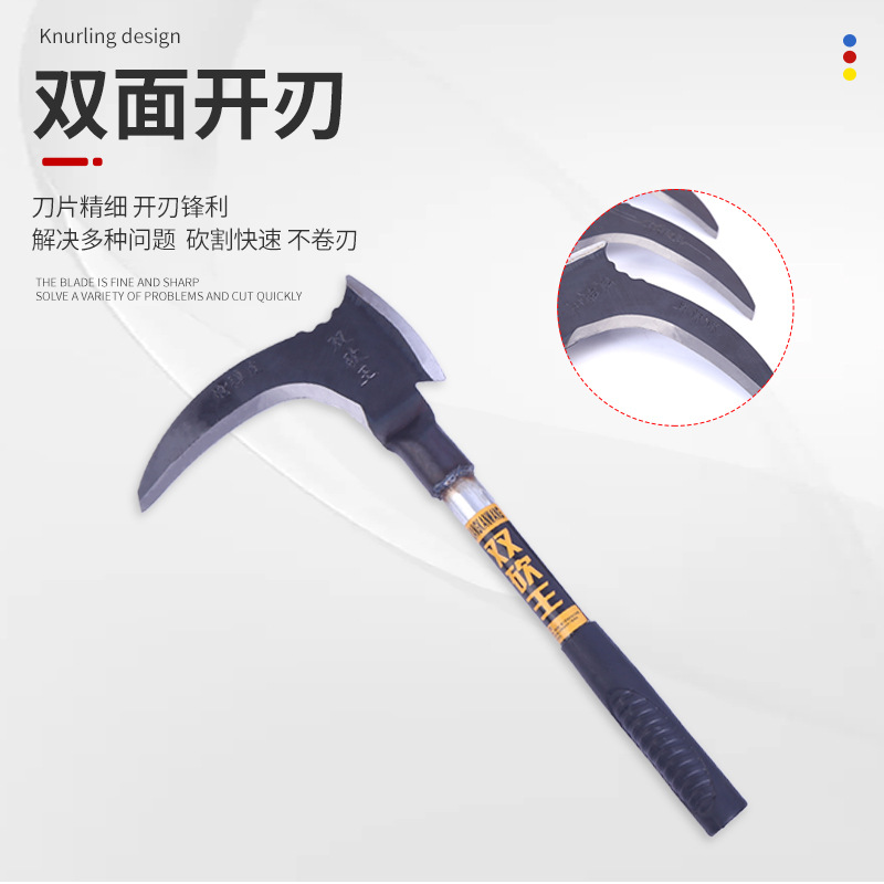 Firewood Cutter Outdoor Manganese Steel Double Sickle Two-Side Blade Sickle Rubber-Wrapped Handle Harvesting Tool Chopper Firewood Cutter