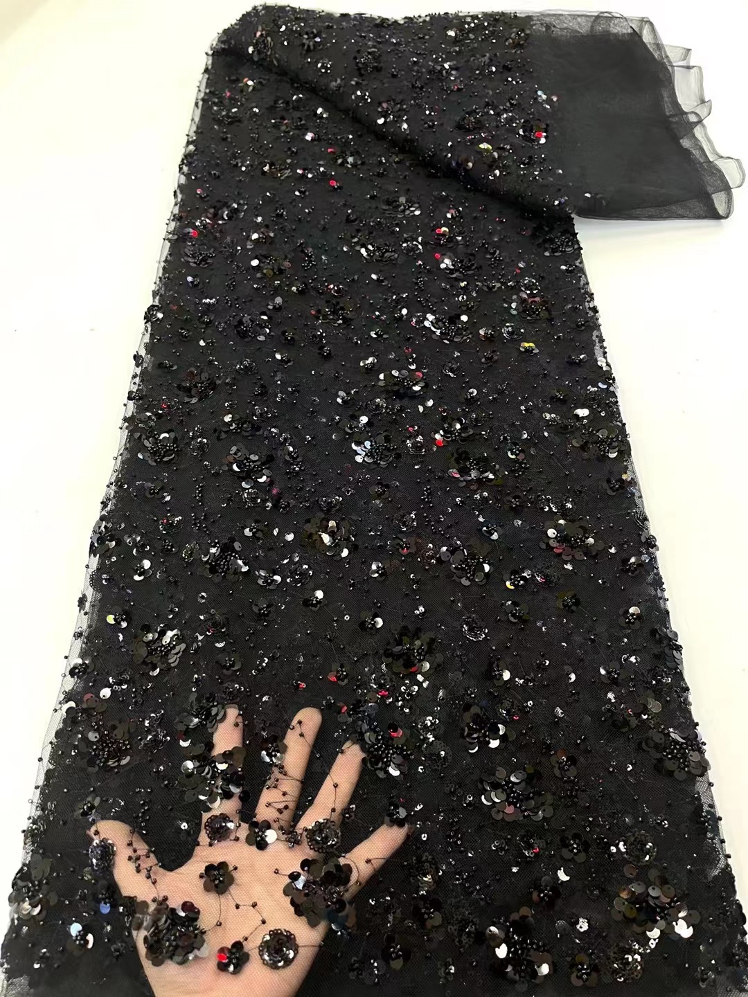 黑色网纱蕾丝面料重工珠片立体花朵刺绣礼服亮片diy服装布sequins