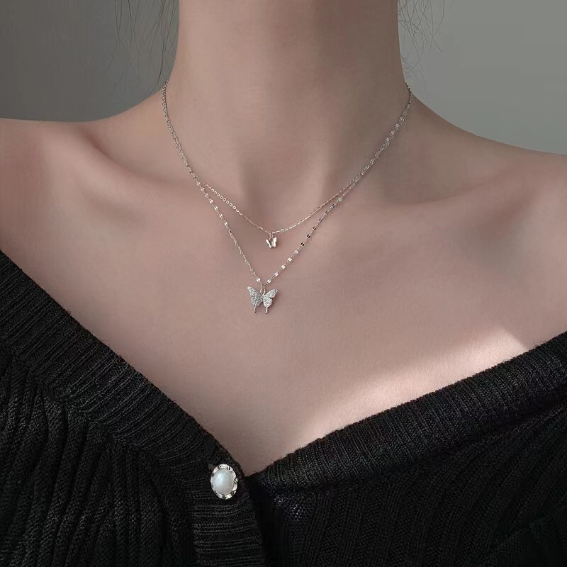 New Titanium Steel Niche Pearl Necklace for Women All-Match Stitching Love Butterfly Clavicle Chain Light Luxury Temperament Necklace Wholesale