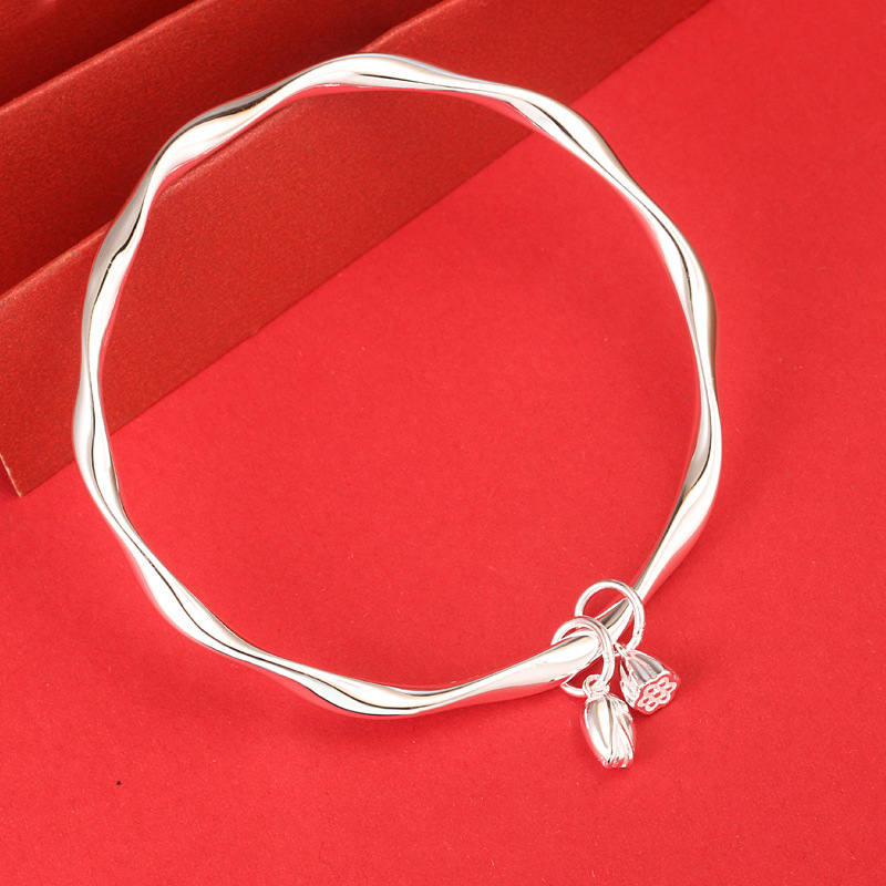 999纯银莫比乌斯环手镯女实心莲蓬两世欢足银镯子小众设计送女友