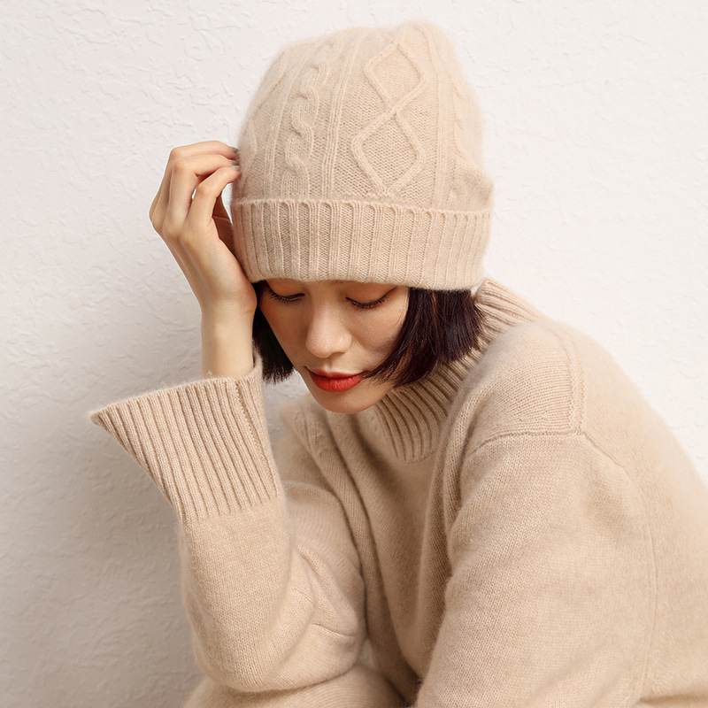 羊绒帽子女秋冬新款重磅加厚绞花韩版纯色针织显瘦保暖羊毛休闲帽