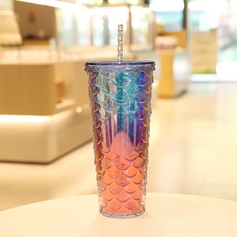 Factory Direct Sales 710ml Good-looking Summer Mermaid Ice Cup Colorful Plastic Double-Layer Cup with Straw Scale Cup