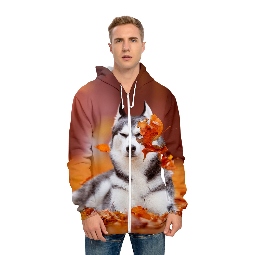 2022亚马逊跨境新品哈士奇3d数码彩印休闲薄绒拉链连帽卫衣男女款