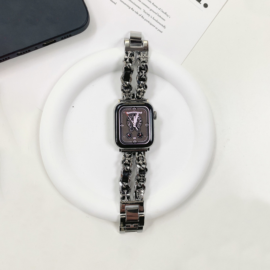 适用于苹果手表iwatch表带 克罗心真皮绳拼金属双链条表带-阿里巴巴
