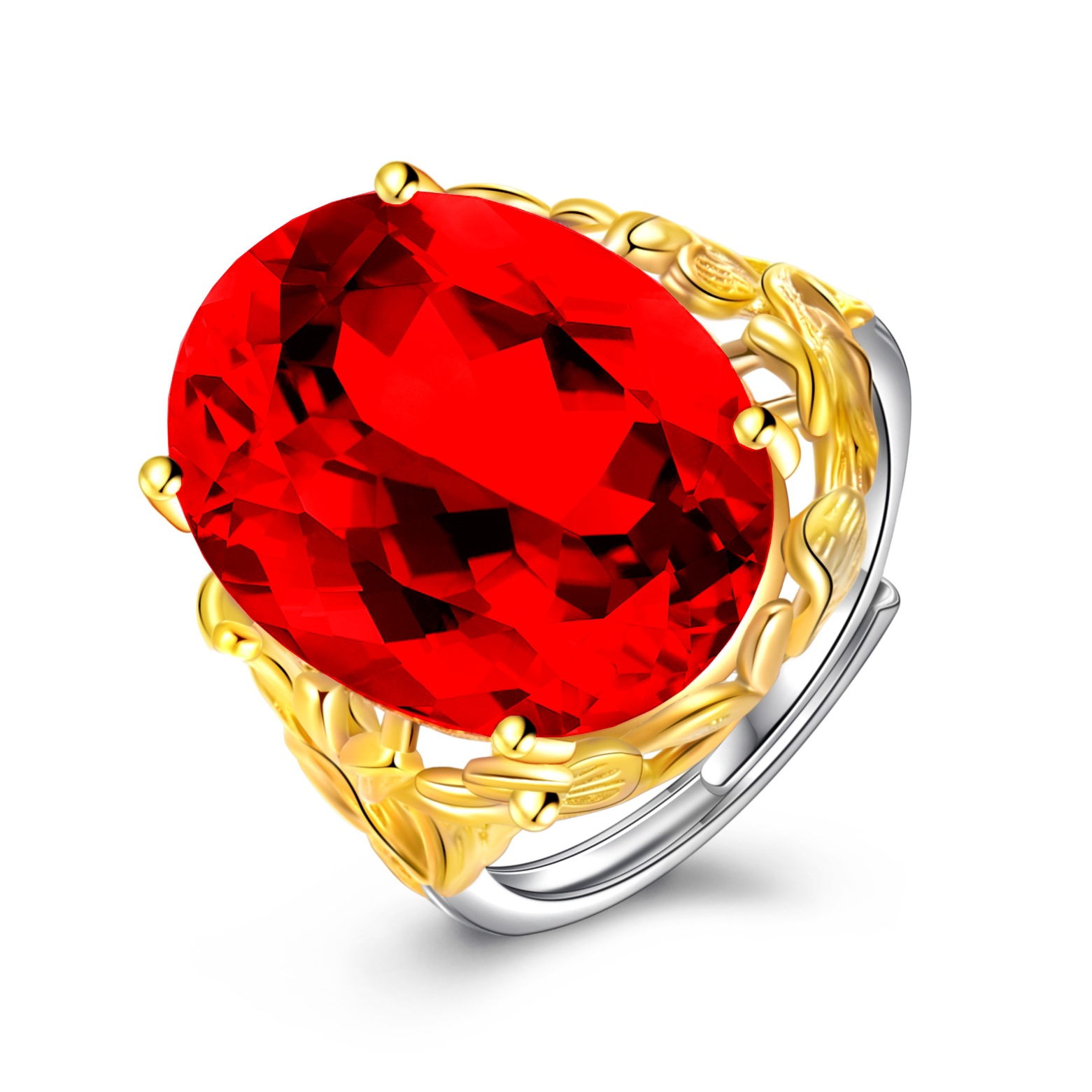 抖音直播热卖意大利雕花工艺彩宝戒指 高档枝叶花朵红钻水晶戒指