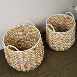 厂家批发蒲草桌面整理篓 草编收纳筐手提编织蓝 脏衣收纳篮