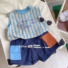 韩国童装男童套装2023夏季新款洋气条纹背心潮流炸街短裤两件套潮