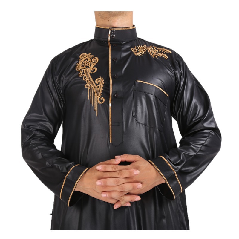 Foreign Trade in Stock Bright Velvet Men's Arab Robe Long Sleeve Stand Collar Fashion Embroidery Week Gown