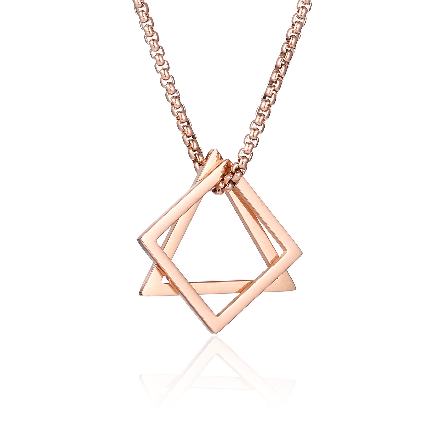 速卖通热销钛钢项链经典时尚镂空三角形双拼吊坠不锈钢珍珠链饰品