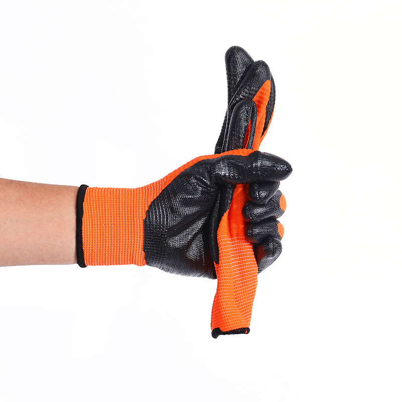 Nylon Dipped Nitrile Waterproof Oil-Resistant Orange Yarn Glove Non-Slip Wear-Resistant Work Nitrile Embossed Labor Protection Gloves Wholesale