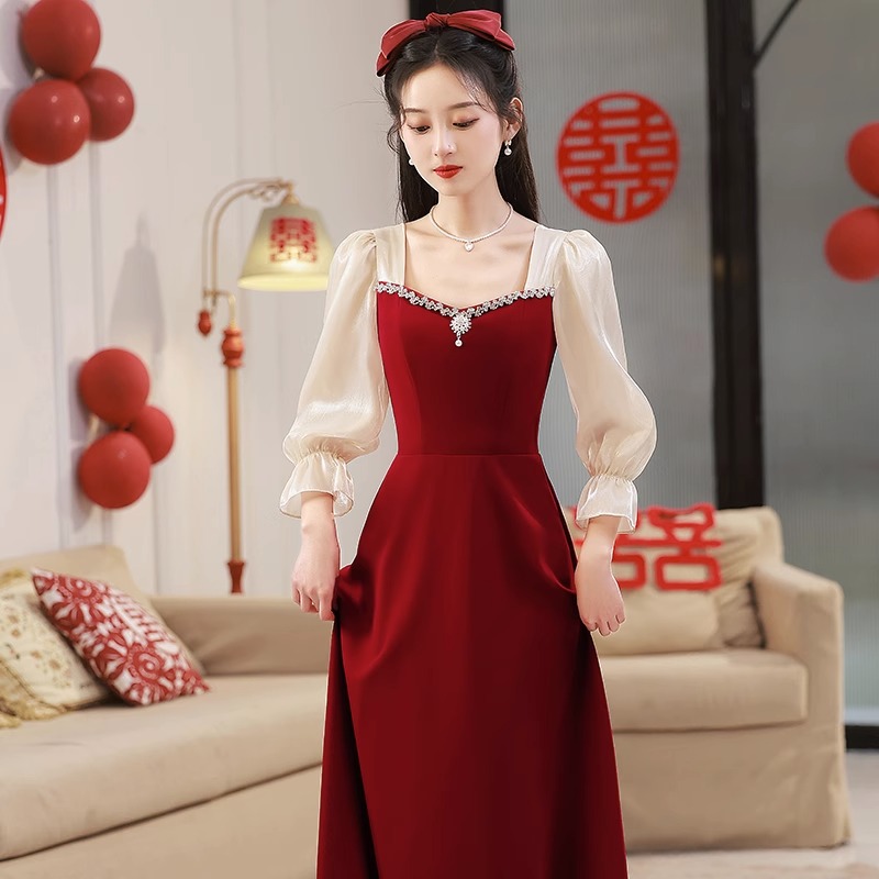 敬酒服2024新款长袖新娘结婚高级感订婚裙回门晚礼服长裙平时可穿