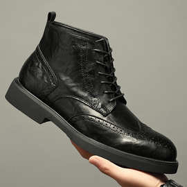 马丁靴男英伦风复古短靴商务正装布洛克高帮皮鞋冬季增高工装皮靴