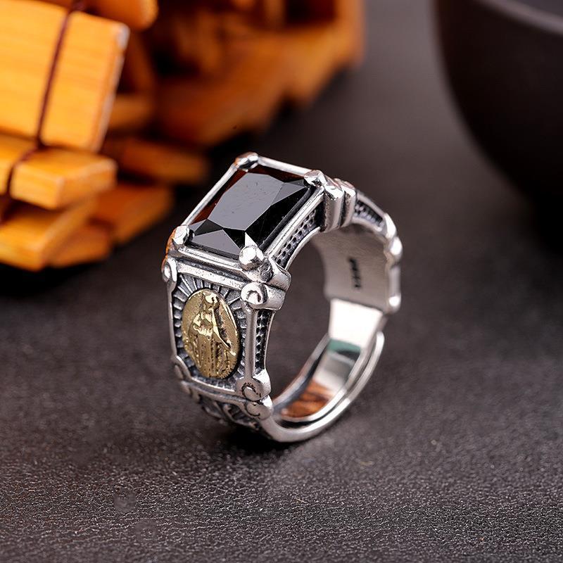复古镀白金色男士饰品嘻哈风男仿黑玛瑙圣母玛利亚开口气质戒指潮