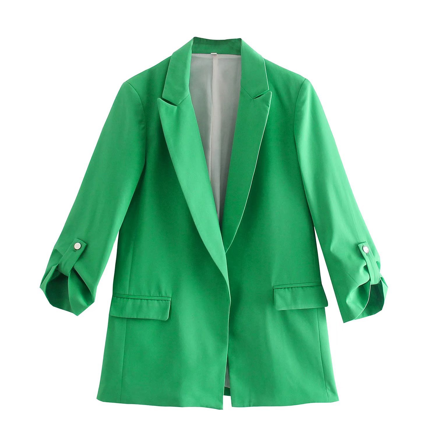 街头潮人绿色款纽扣可卷袖宽松休闲气质加厚双层女西装外套西服