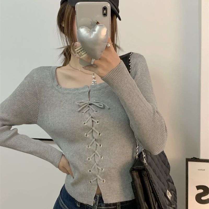 春秋新款方领长袖针织衫女ins网红爆款白色短款绑带毛衣内搭上衣