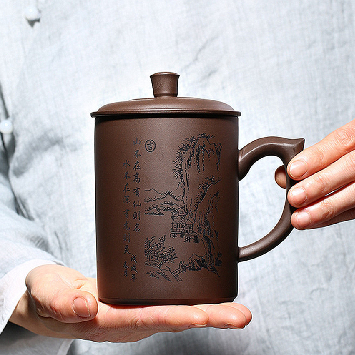 宜兴大容量原矿紫砂盖杯茶具中式茶杯刻字名家手工泡茶杯紫砂杯子