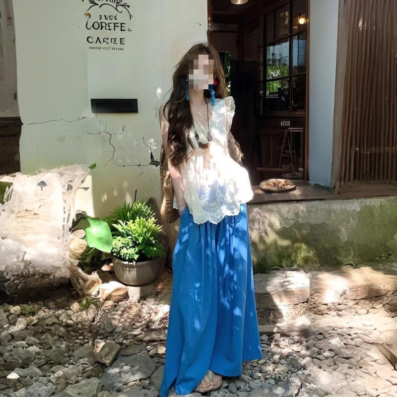 阔脚田园慵懒风休闲裤蕾丝上衣个性领时尚套装穿搭女装纯欲夏季