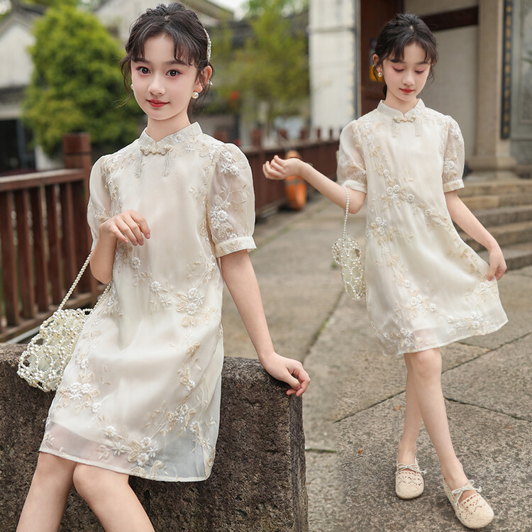 跨境代发女童旗袍夏薄款中国风儿童唐装中式改亮连衣裙大童衣服女