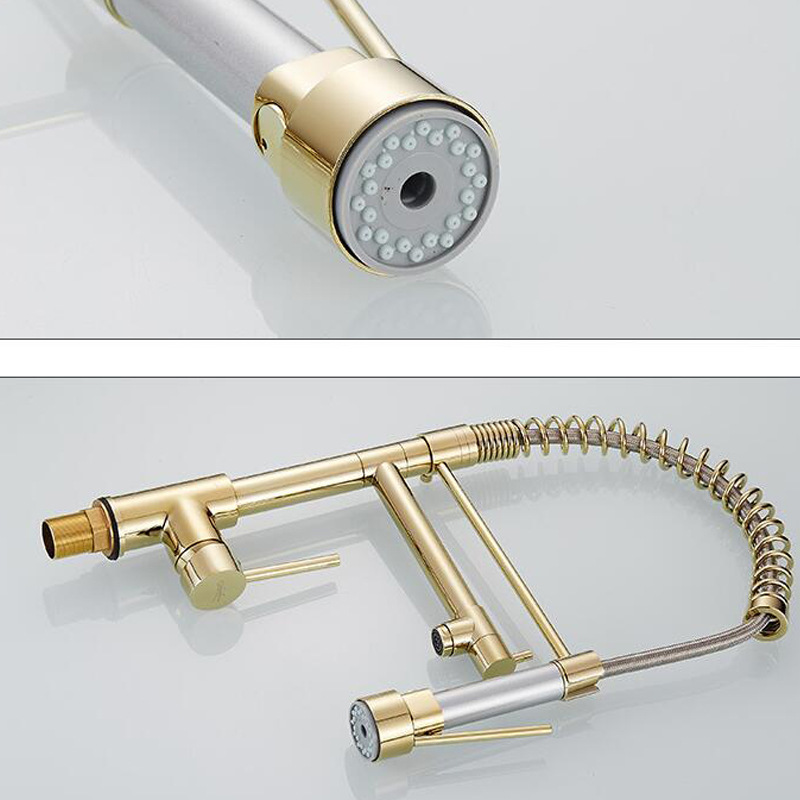 豪华弹簧金黄铜厨房水龙头喷雾式