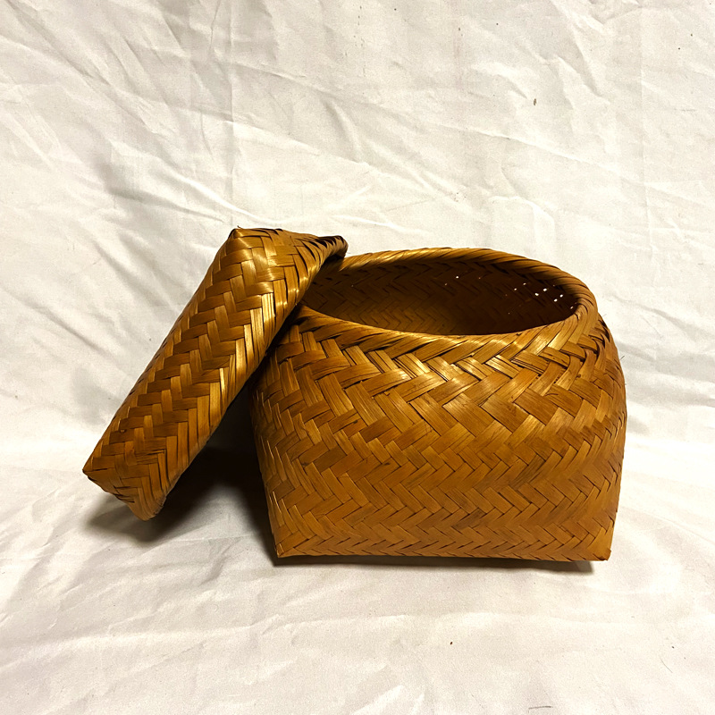 新品复古编织礼品茶叶收纳盒藏式竹筐林卡洛玛工艺品带盖竹篮批发