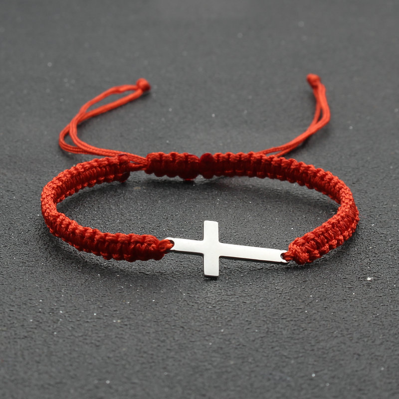 Simple Stainless Steel Cross Bracelet Hand-Woven Adjustable Red Rope Bracelet Couple Bracelet Cross-Border E-Commerce Supply