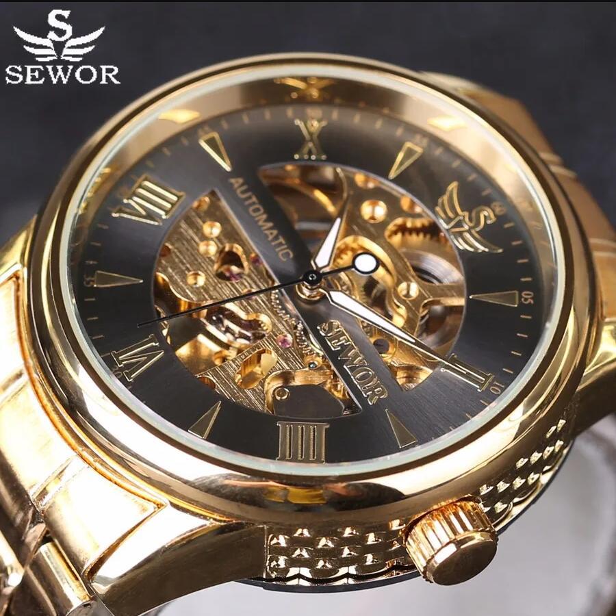 思沃奇 品牌 sewor 镂空男士机械表 钢带 男手表腕表 一件代发