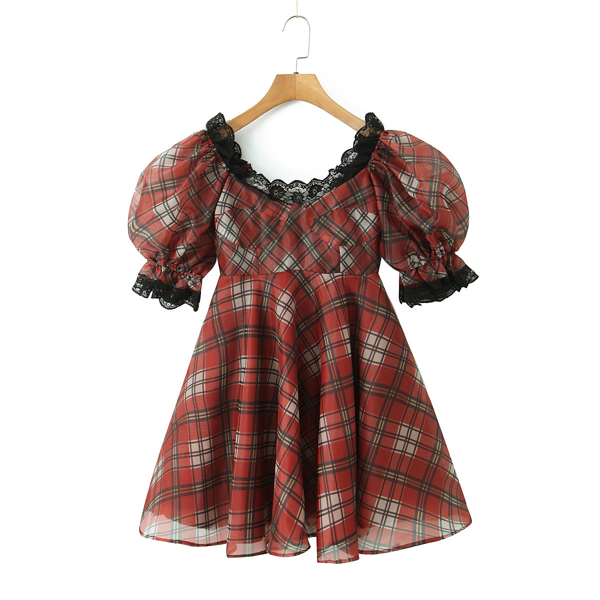 欧美风外贸女装新款2024格子印花蕾丝拼欧根纱连衣裙-阿里巴巴