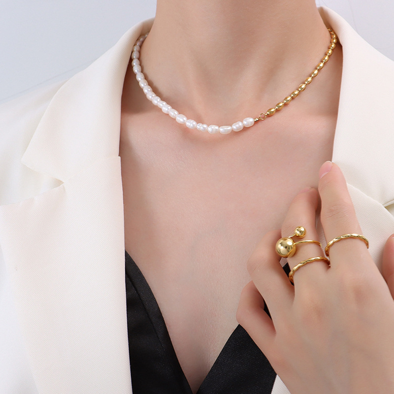 marka法式风复古项链 椭圆珠链拼接颈链钛钢18k金淡水珍珠项链女