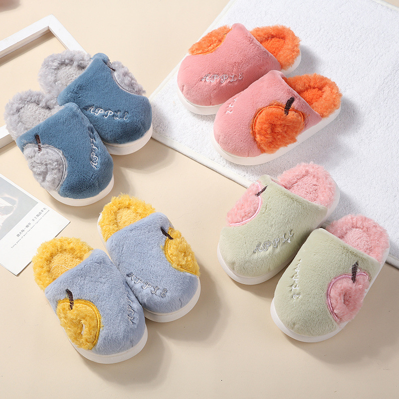 new children‘s cotton slippers autumn and winter warm slippers boys and girls indoor and outdoor non-slip soft bottom cute apple slippers