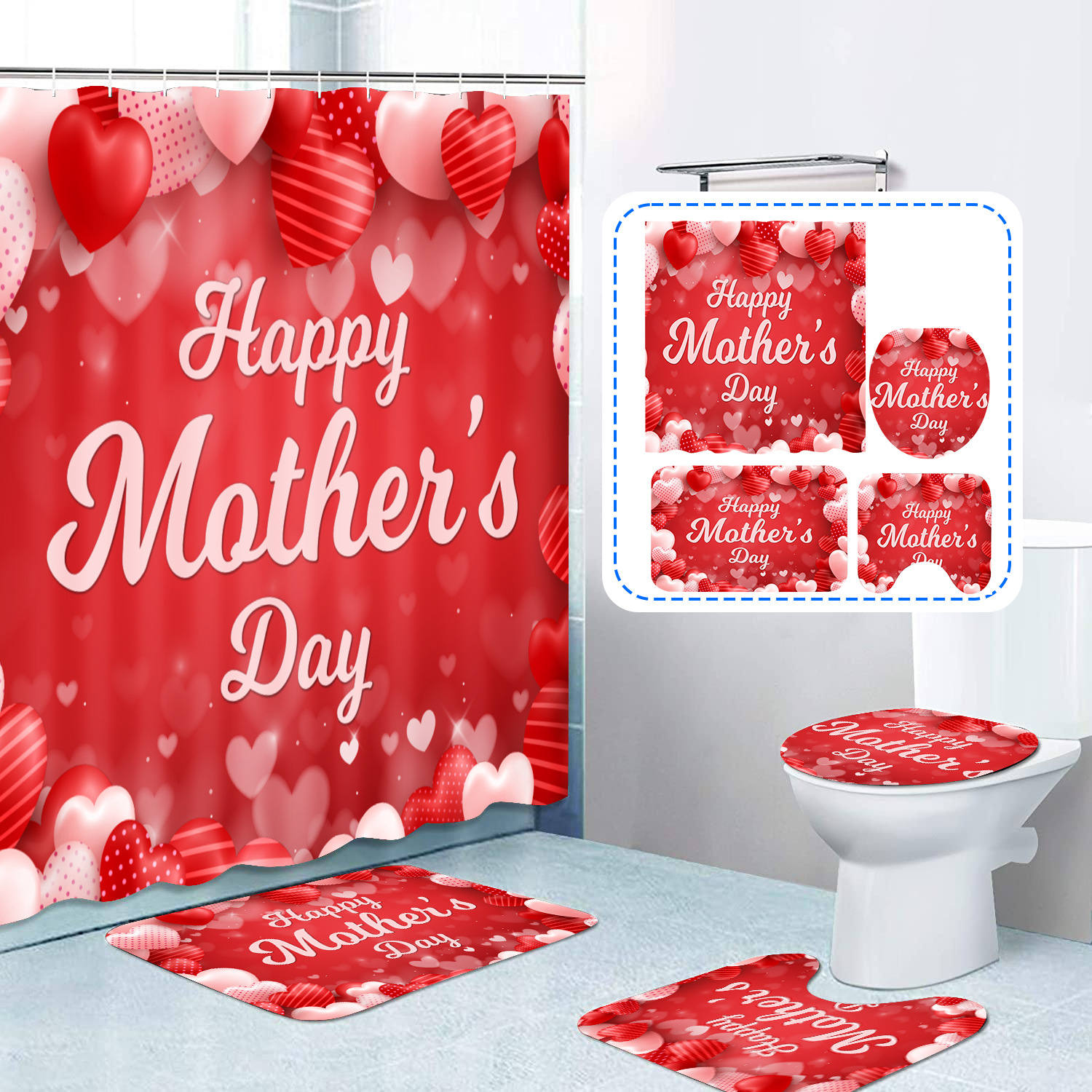 Mother's Day Shower Curtain 4 PCs Set Digital Printing Waterproof Shower Curtain Absorbent Floor Mat Carpet Toilet Mat Shower Curtain Set