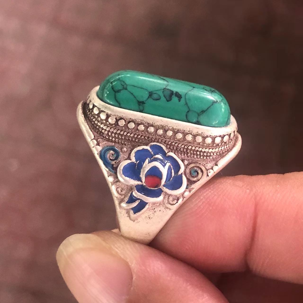 古玩杂项藏银景泰蓝镶嵌绿松石戒指 复古做旧可调节男女款戒指