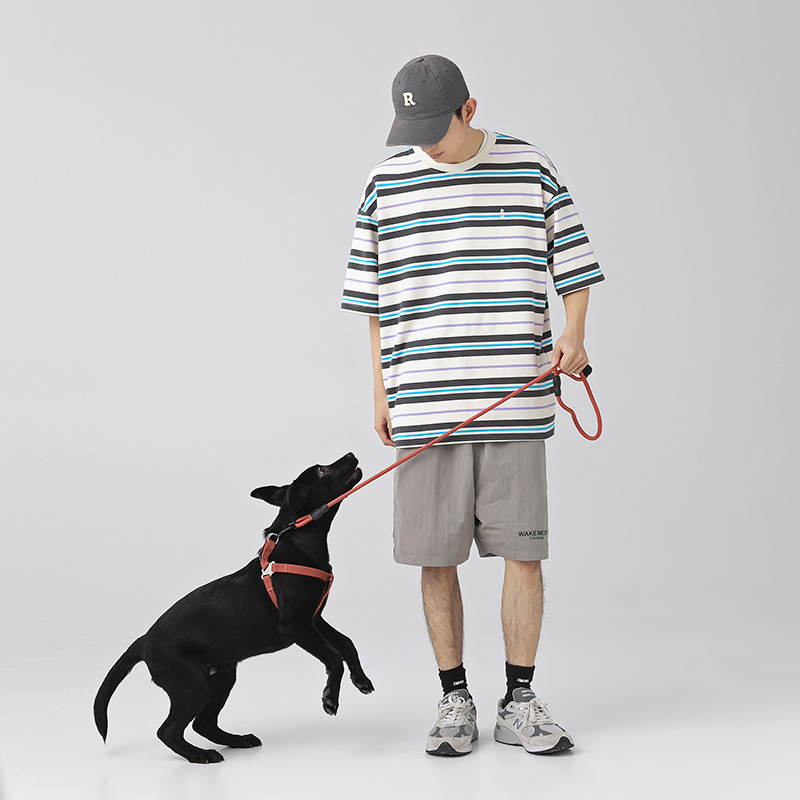 Men's Fashion Brand Retro Contrast Color Striped T-shirt Men's Spring and Summer New Loose All-Matching Couple Style Short Sleeve