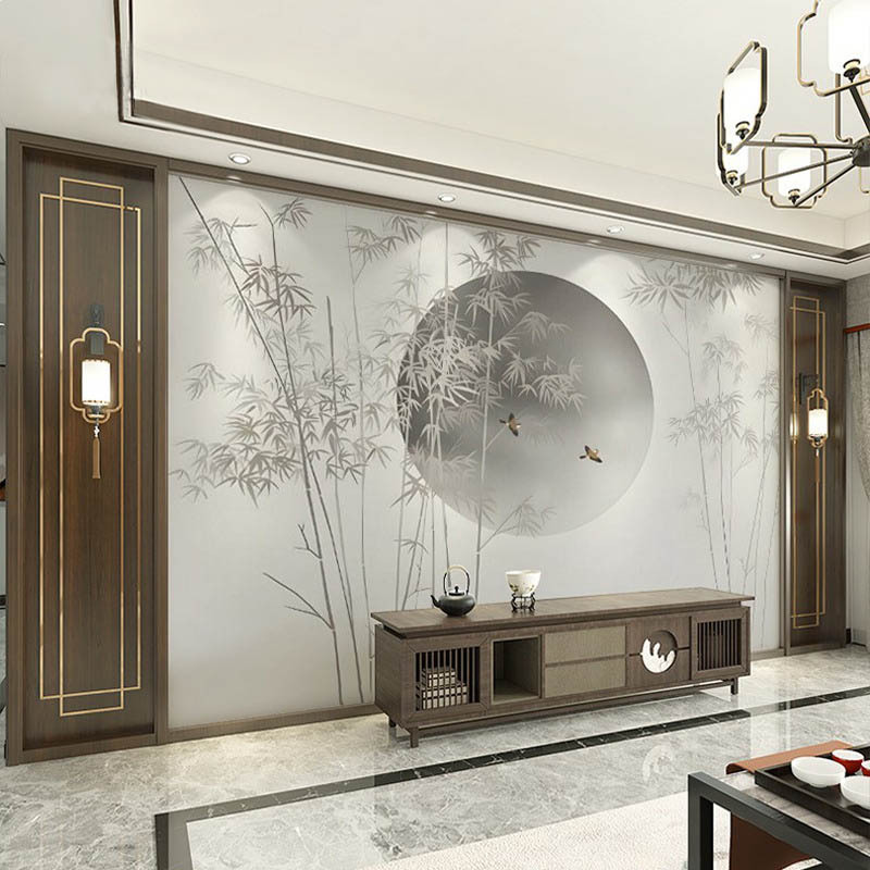竹影圆月意境电视沙发背景墙布卧室茶室中式墙纸古典雅致风格壁画