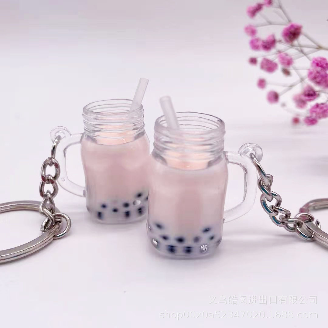 Creative Simulation Bubble Milk Tea Cup Keychain Bag Car Key Ring Pendant Milk Tea Shop Small Gift Hand Office