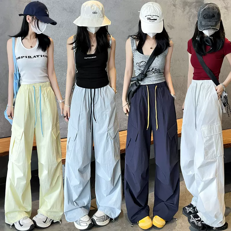 大口袋速干工装裤女2025夏薄糖果撞色冰丝伞兵户外美式休闲运动裤