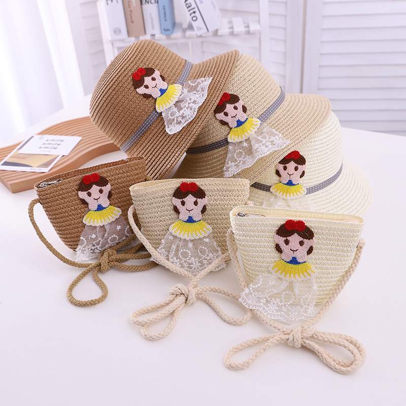 New Children's Cartoon Sun Hat Spring and Summer Fashion Fresh Crossbody Bag Hat Baby Travel Sun-Proof Straw Hat