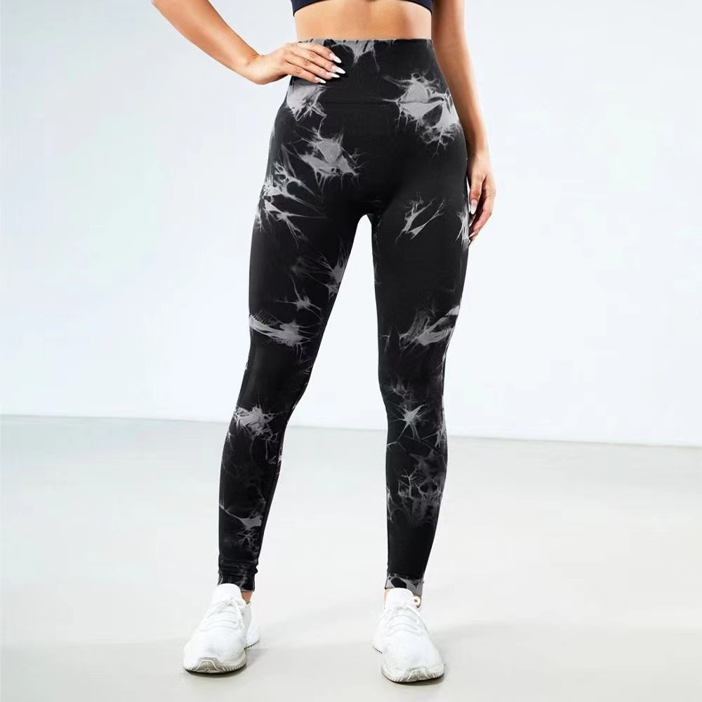 Cross-Border Seamless Peach Yoga Tight Trousers Women's Tie-Dyed Tie-Wrap Printed High Waist Hip Lift Sports Running Fitness Pants