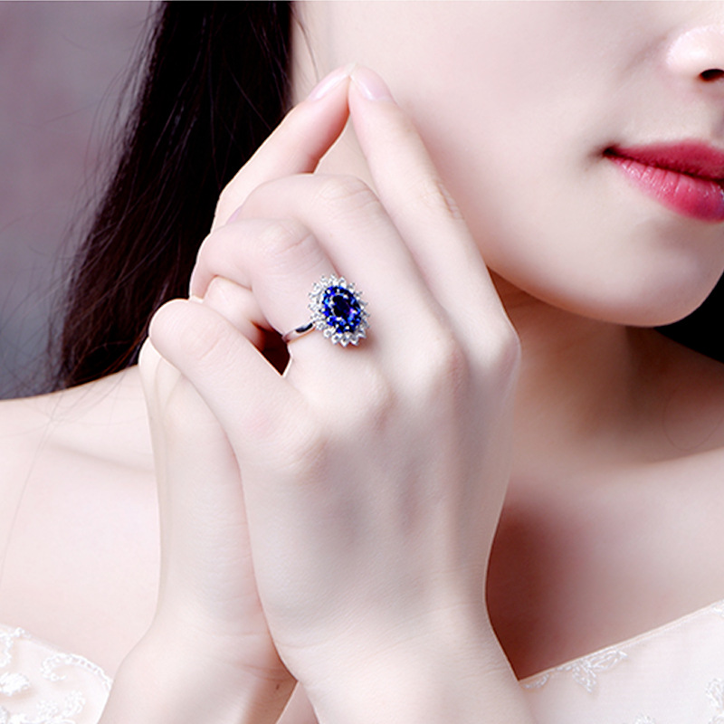 热卖戴妃款仿天然皇家蓝宝石戒指女 高档镀18k金镶钻彩色宝石戒指