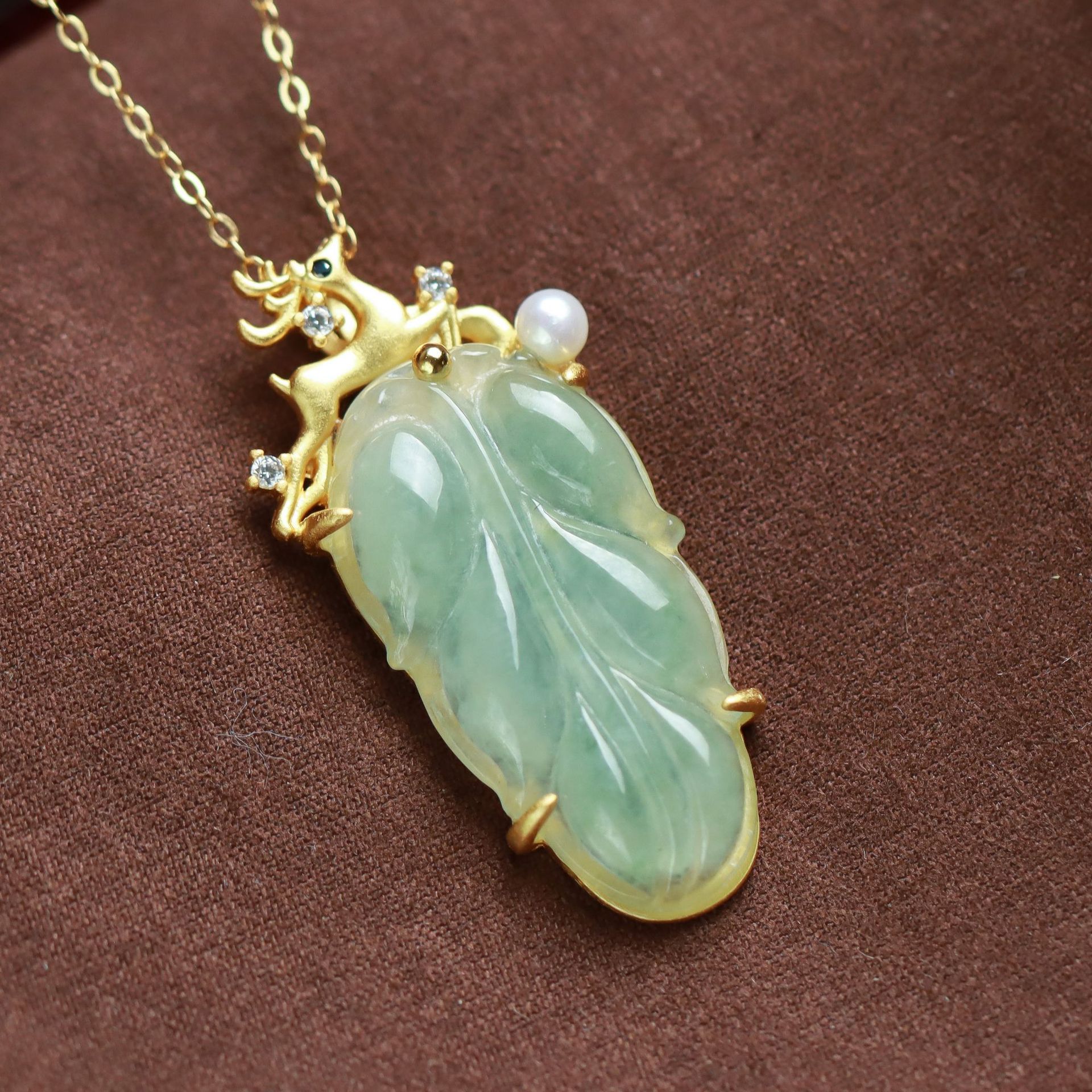 蔓时光s925银镀金镶嵌a级糯冰翡翠叶子大业有成国风气质女款吊坠