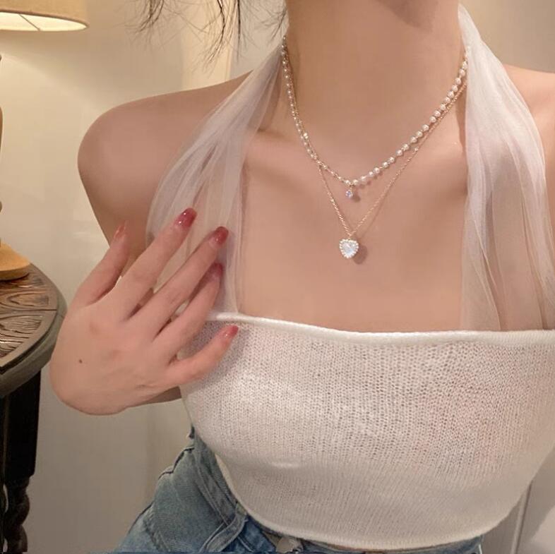 Double Layers Loving Heart Pearl Necklace Women's Clavicle Chain Light Luxury Minority High-Grade Pearl Necklace Ins Style Beaded Necklace
