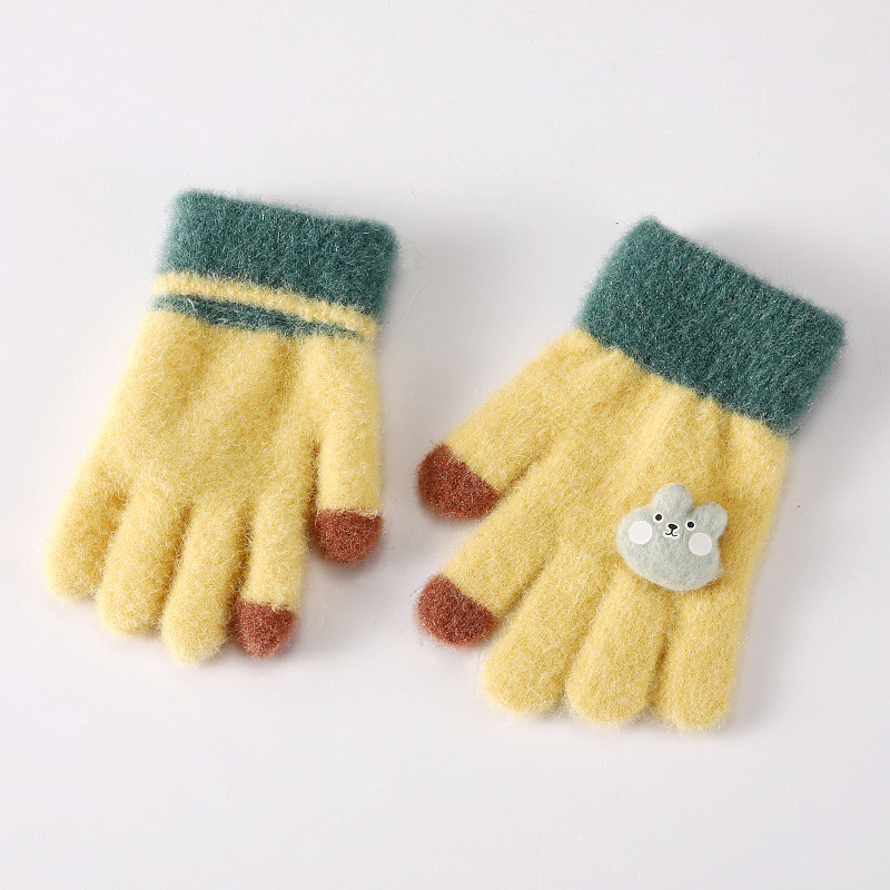 Winter Fleece-Lined Children's Warm Gloves Thickened Five-Finger Baby Cold-Proof Wool Cute Gloves Girls' Thickened Gloves