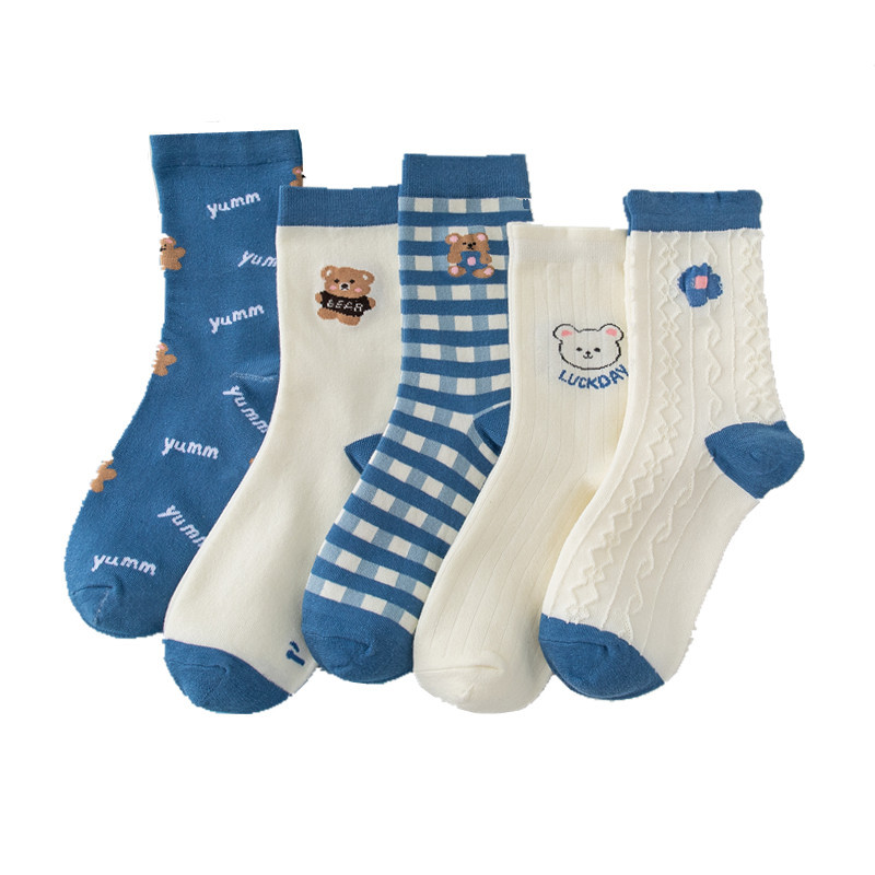 Blue Cartoon Bear Socks Ins Cute Preppy Style Tube Socks Cotton Socks Plaid Letters Combed Cotton Women's Socks