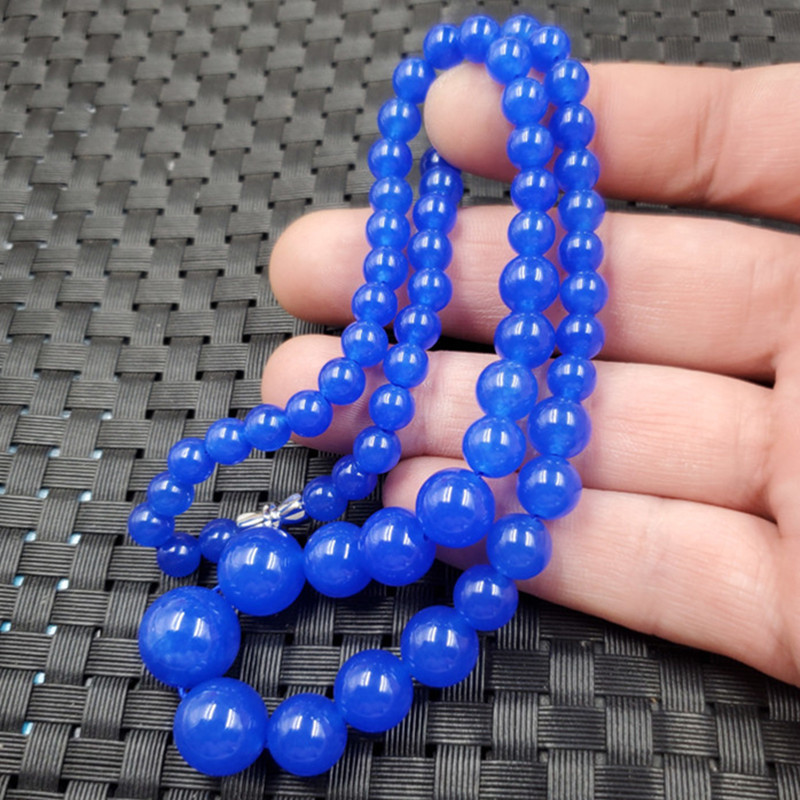 玉石项链宝蓝色圆珠项链石英岩玉项链塔形项链玉珠项链锁骨玉项链