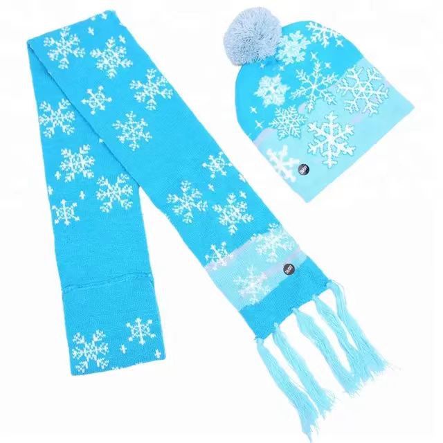 2023 New Jacquard Led Luminous Christmas Hat Scarf Set Autumn and Winter Holiday Pattern Multicolor Jacquard Spot