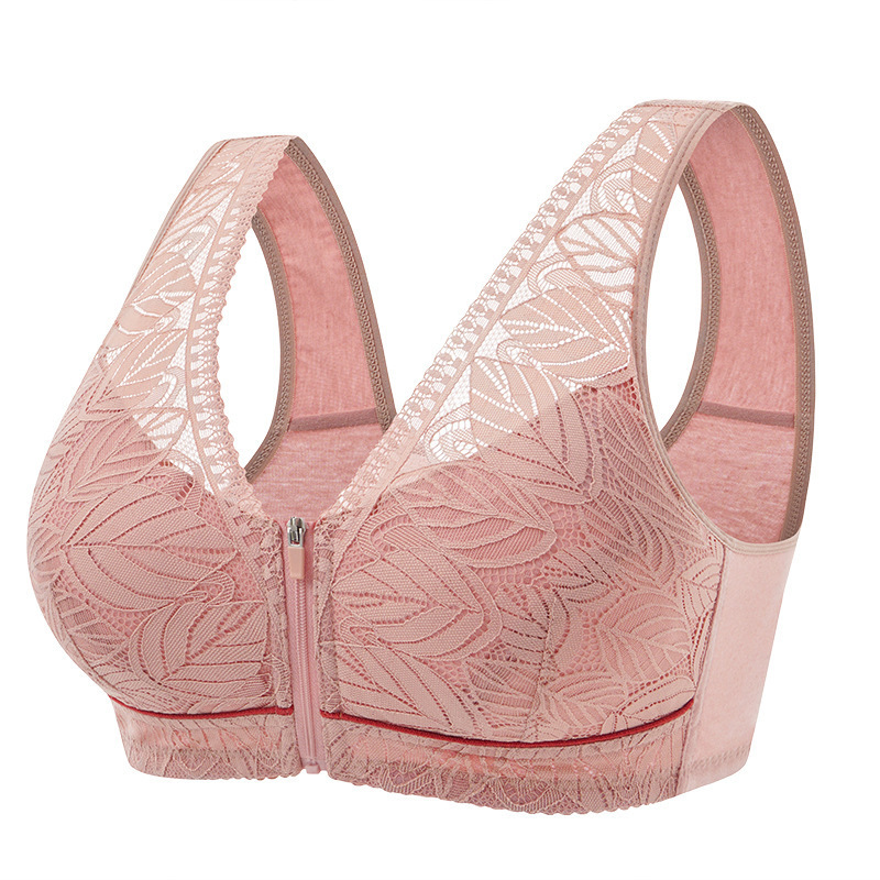 New Front Zipper Middle-Aged and Elderly Underwear Wireless Beauty Back and Push up Lace Comfortable Breathable plus Size Bra