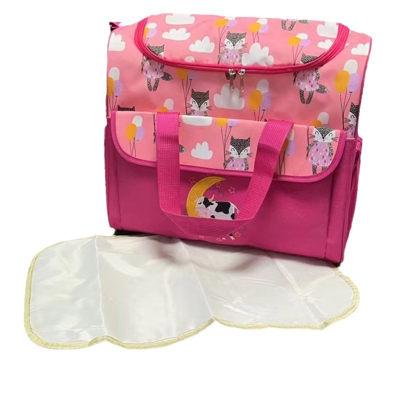 Cross-Border New Arrival Animal Print Cat Style Mummy Bag Four-Piece Multi-Functional Large Capacity Cartoon Baby Diaper Bag