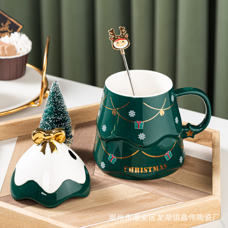 Ziqi Christmas Gift Ceramic Cup Creative Christmas Tree Mug with Cover Spoon Household Coffee Cup Gift Suit