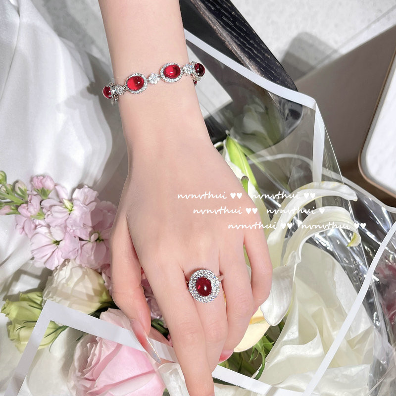 Zhu Li'an Pomegranate Red Egg-Shaped Gem Necklace Antique Sense 18K Gold Plating Water-Foam Jade Big Diamond Zircon Bracelet