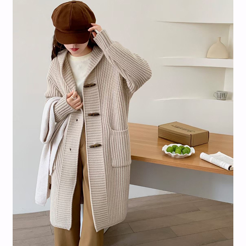 中长款连帽针织开衫外套女秋冬新款宽松慵懒风加厚粗毛线大衣外套